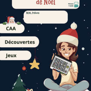 Cahier CAA, niveau 1 bulle, spécial Noël Une petite fille avec un chapeau de pere noël tient un cahier